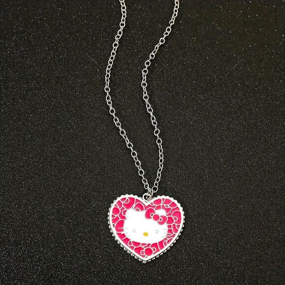 Sanrio Hello Kitty Heart Enamel Necklace Pendant Silver Tone Goth Emo Scene - Picture 2 of 3